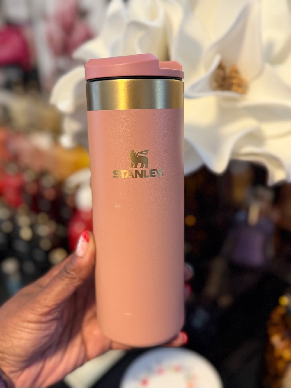Stanley Pink Travel Tumbler with Gold Accents
